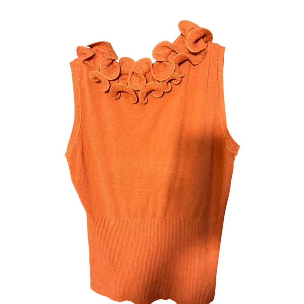 Vila Milano Women XL Coral Orange Ruffle V-Neck Sleeveless Knit Top Sweater - Picture 3 of 6